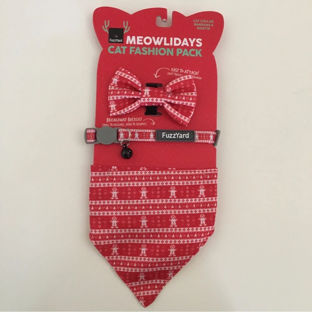 NEW Cat Collar Bowtie & Bandana Red “Meowlidays” Fashion Christmas | FuzzYard